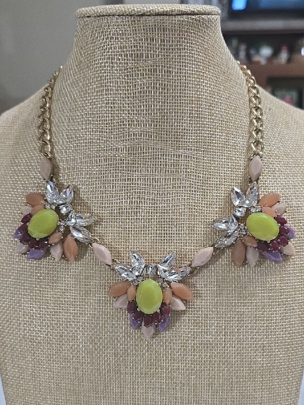 J. Crew Gold-Tone Crystal Floral Necklace with Lime, Peach & Purple Accents - Picture 9 of 10